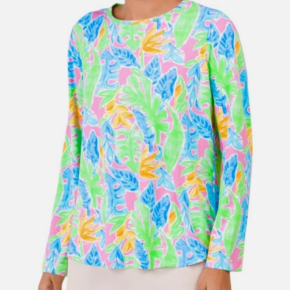 Ladies IBKUL Allison Long Sleeve Crew Neck Shirt Tropical UPF Activewear Mesh